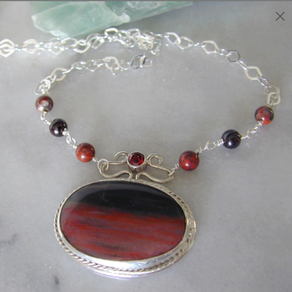 Picture Stone Pendent Necklace w Garnet Beads Sterling Silver  by Konnie K